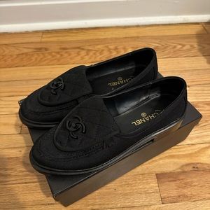 Chanel Black Canvas Quilted CC Slip On Loafers